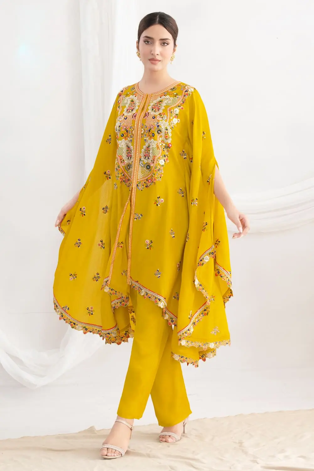 Mustard Chinon Silk Kaftan Kurta Set with Floral Embroidery and Matching Pants