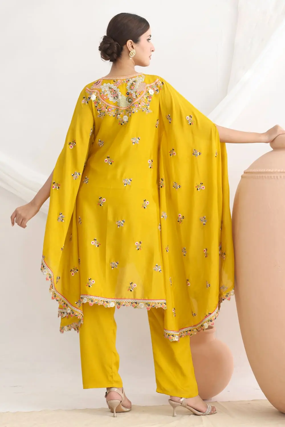 Mustard chinon silk kaftan styled with matching silk pants