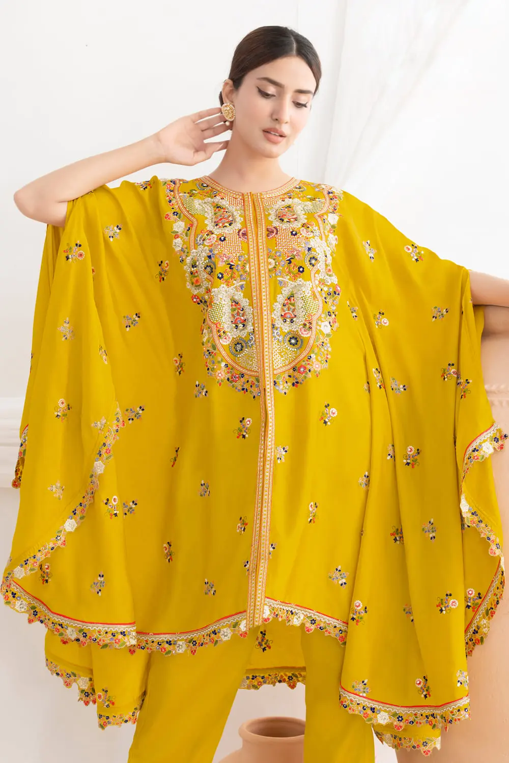 Floral dori and sequins embroidery on mustard chinon silk kaftan kurta