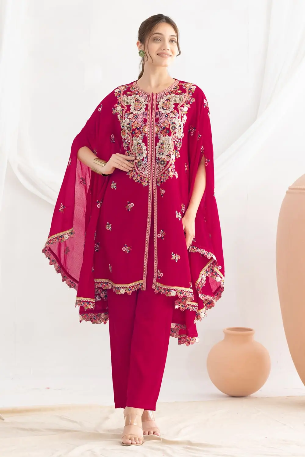 Pink kaftan kurta with pants in chinon silk with floral embroidery by Khaish