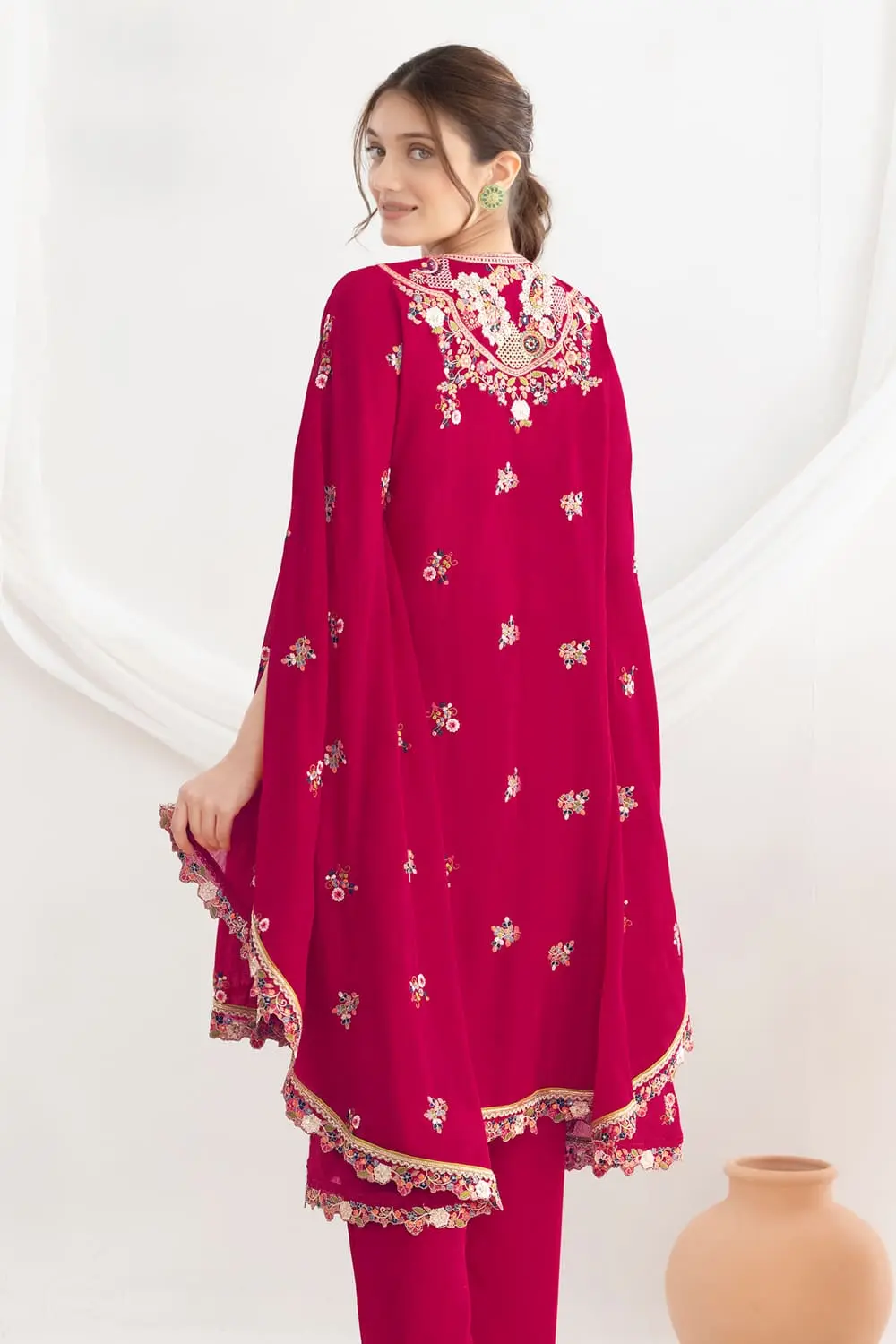 Floral dori and sequins embroidery on deep pink chinon silk kaftan