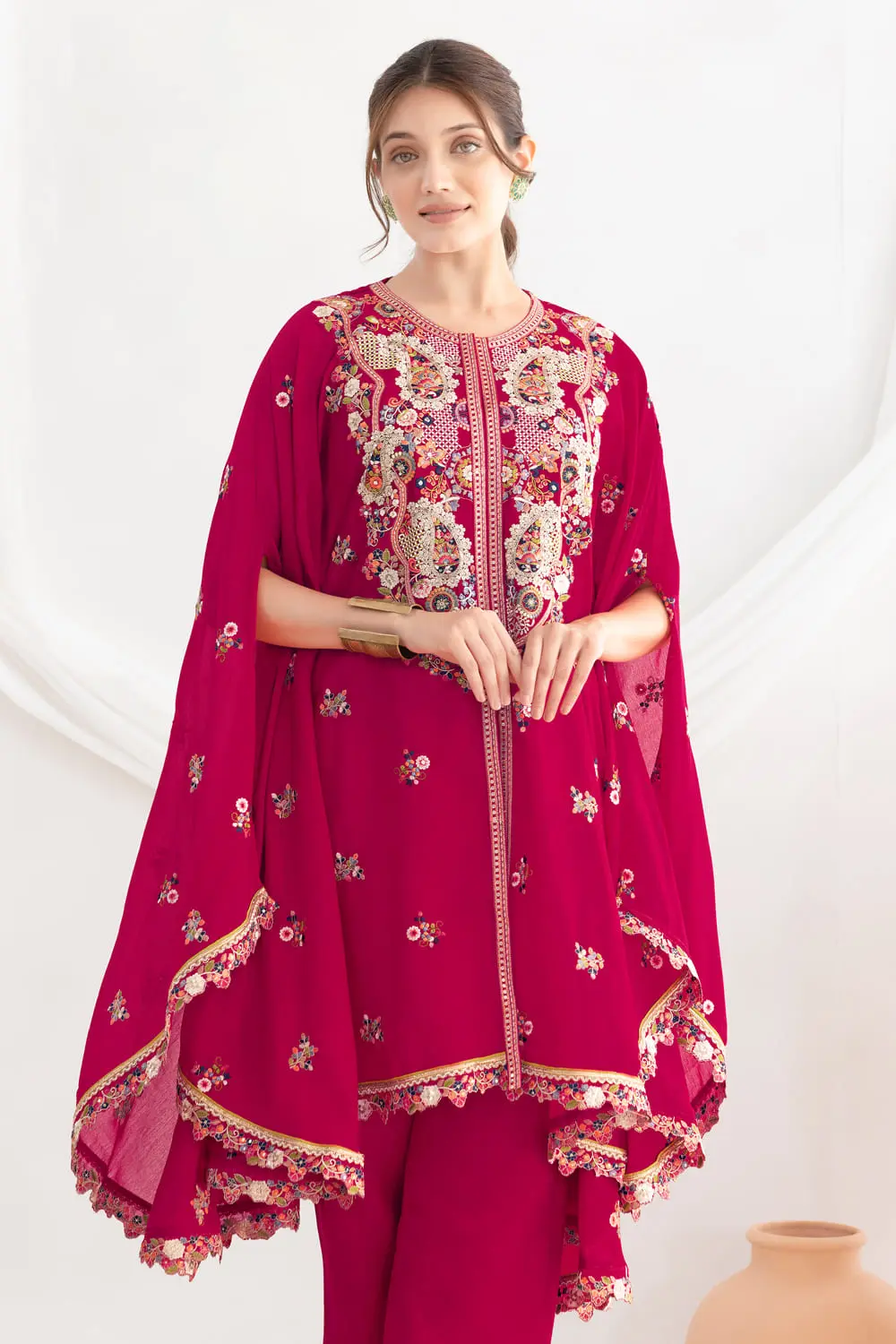 Deep pink chinon silk kaftan styled with matching silk pants