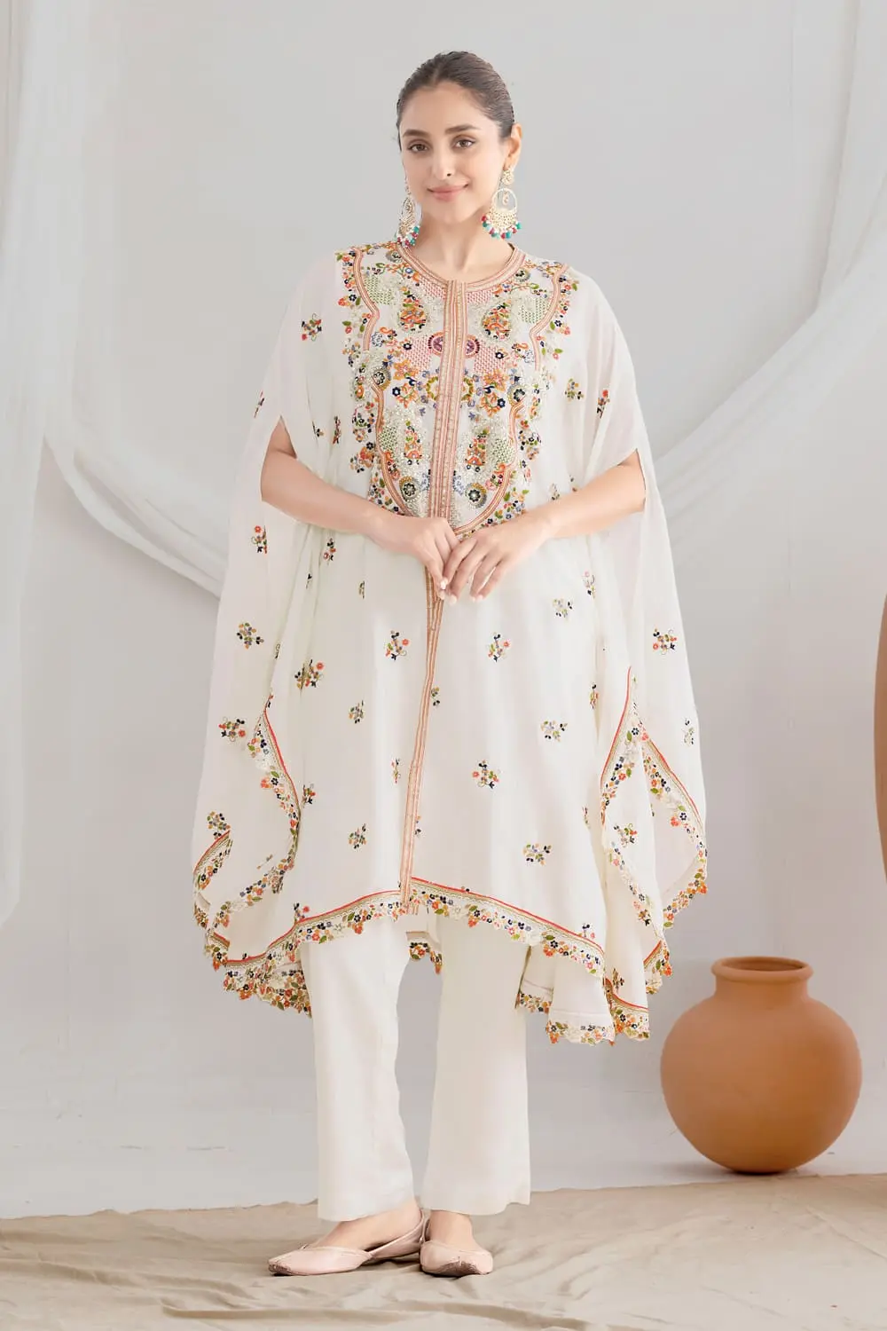 White Chinon Silk Floral Kaftan Kurta Set with Embroidery and Matching Pants