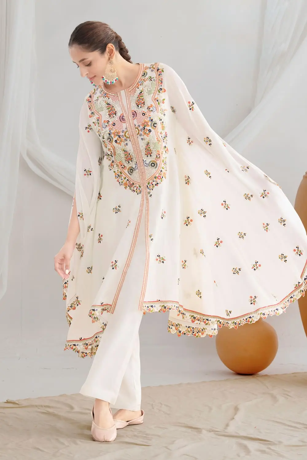 White chinon silk floral kaftan styled with matching silk pants