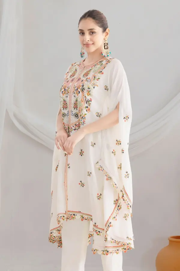 Floral dori and sequins embroidery on white chinon silk kaftan kurta