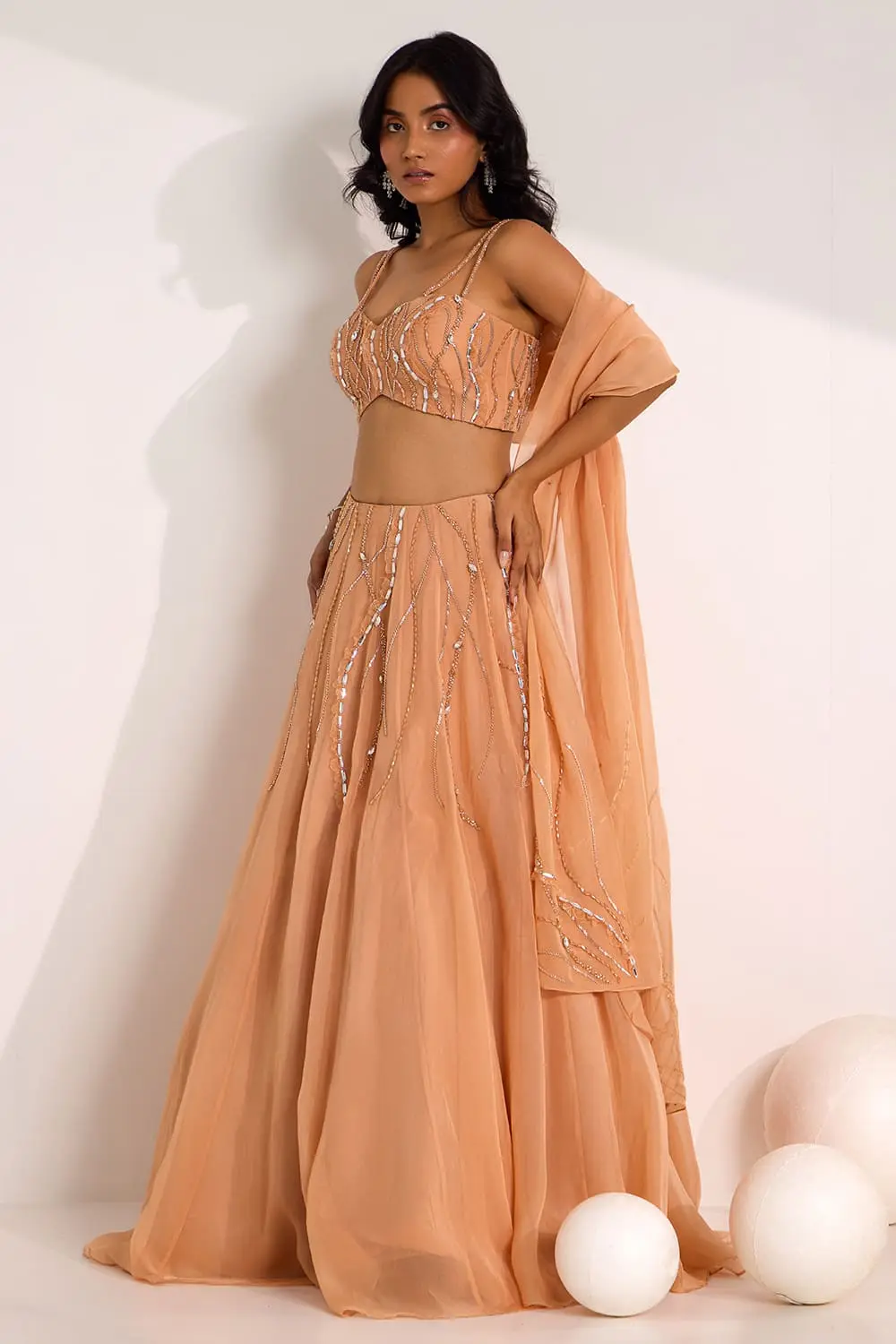 Rose gold Ice Lines organza lehenga set with shimmer embroidery full view