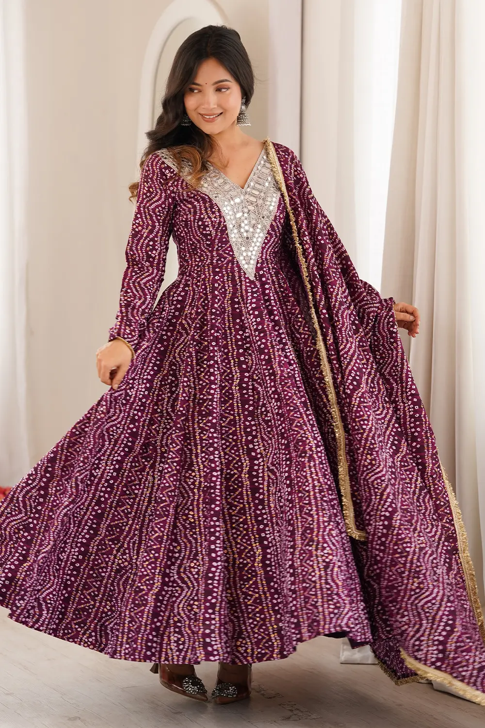 Purple rayon anarkali gown styled with matching micro cotton pant