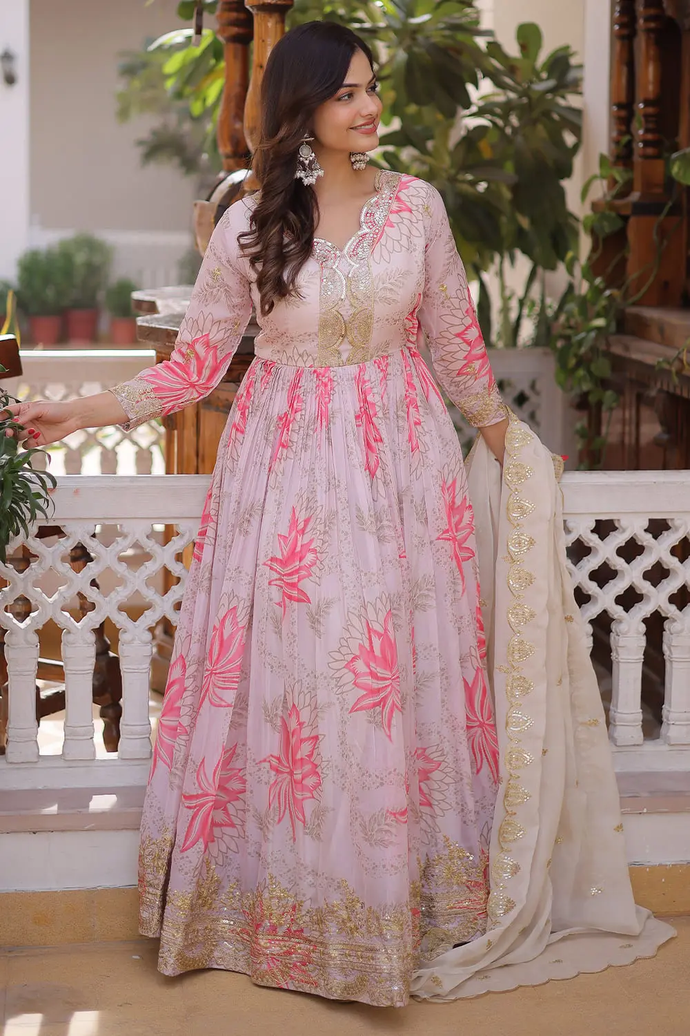 Digital floral print and zari work on flared ivory anarkali gown