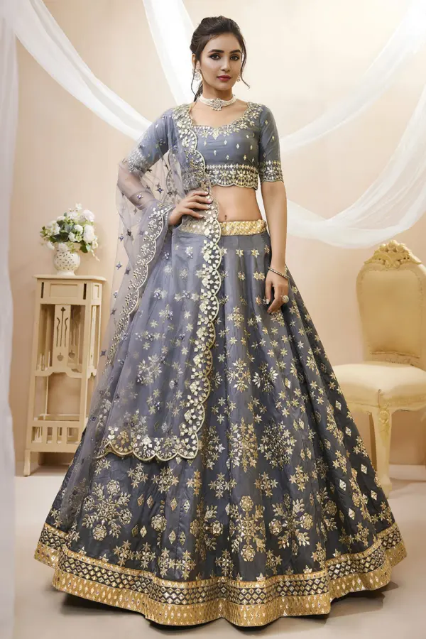 Grey art silk lehenga for party with sequins and zari work by Khaish