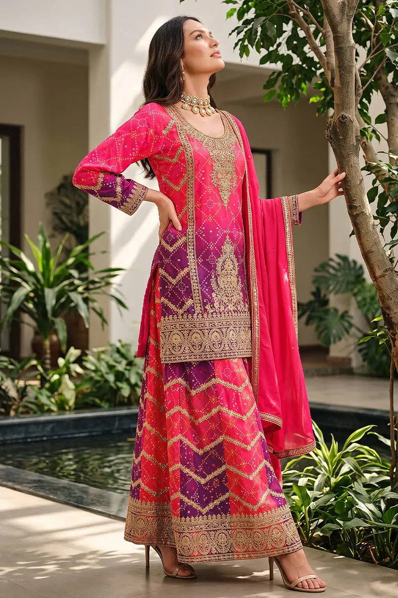 Hot pink purple ombre kurta palazzo set with mirror and jarkan work by Khaish