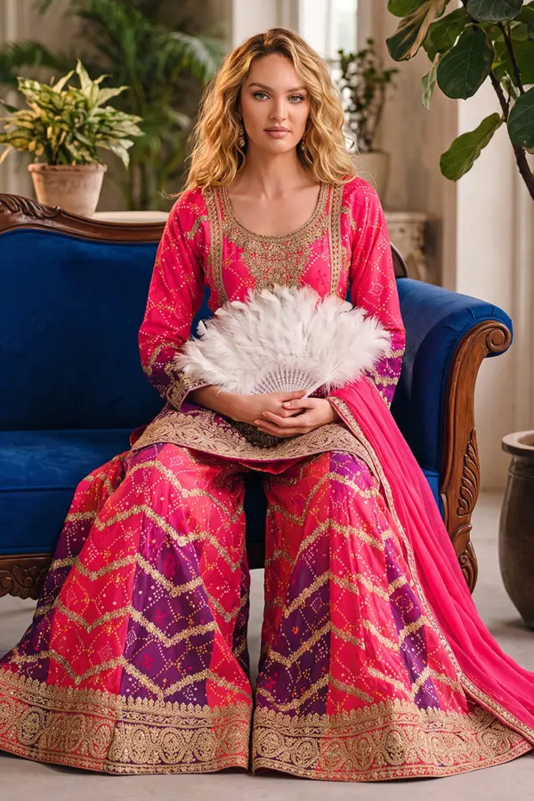 Hot pink purple ombre heavy chinon kurta palazzo set seated view