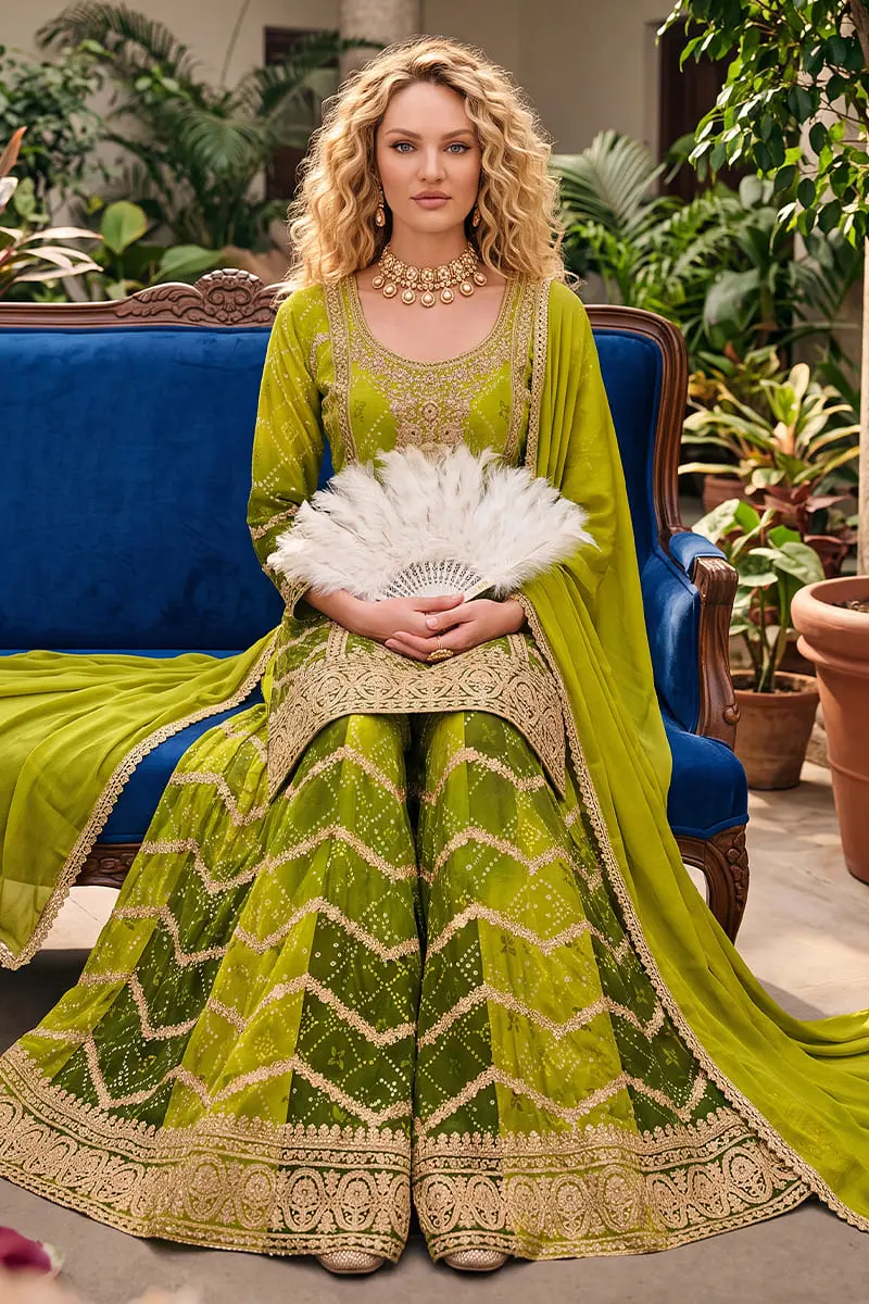 Two tone green heavy chinon kurta palazzo set seated view