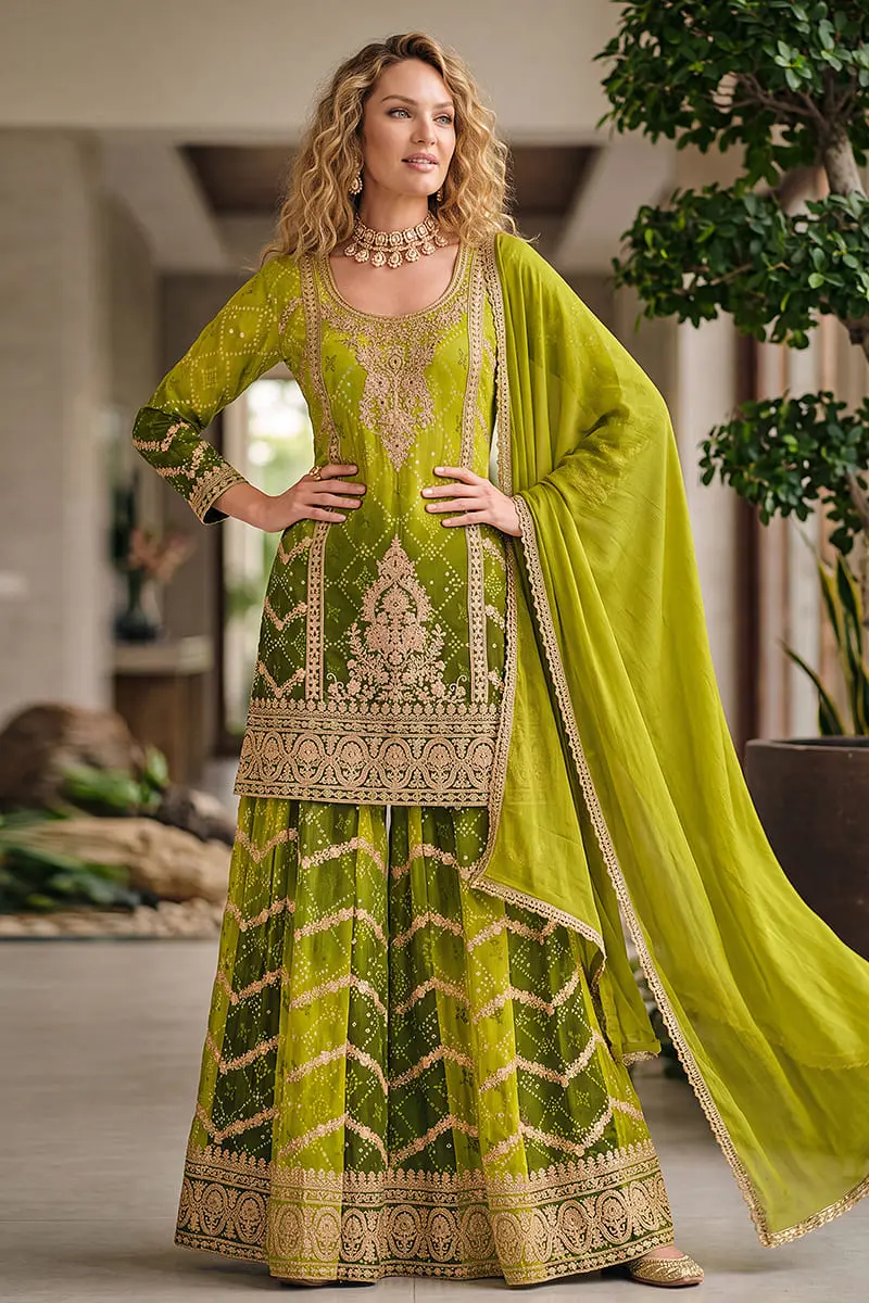 Two tone green heavy chinon kurta palazzo set with dupatta full view