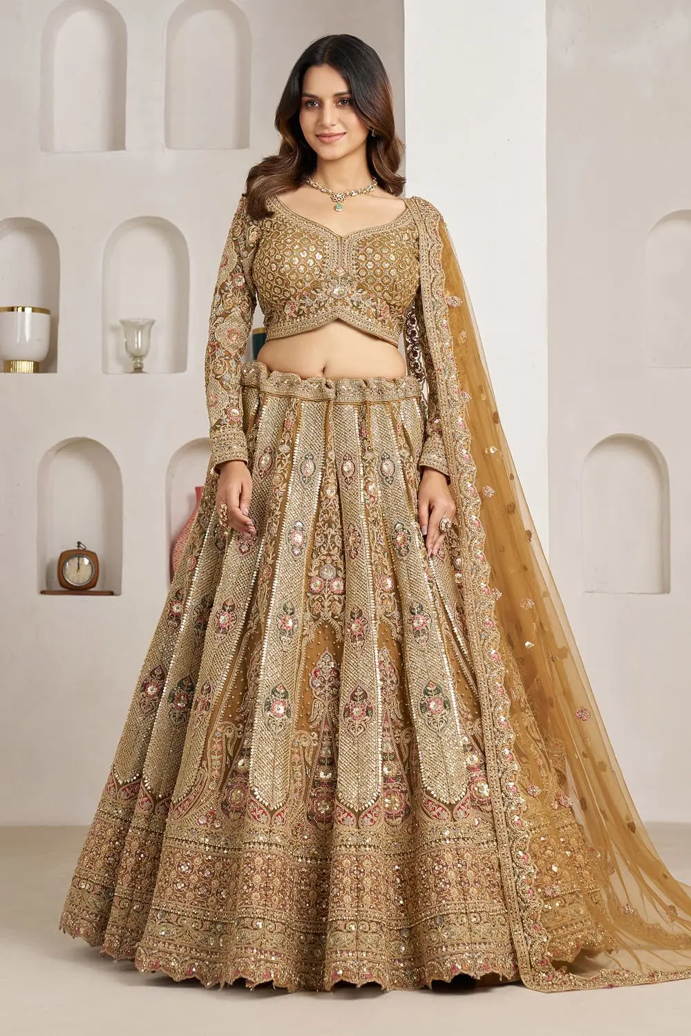 Heritage motif panel work with resham and sequins on gold bridal lehenga