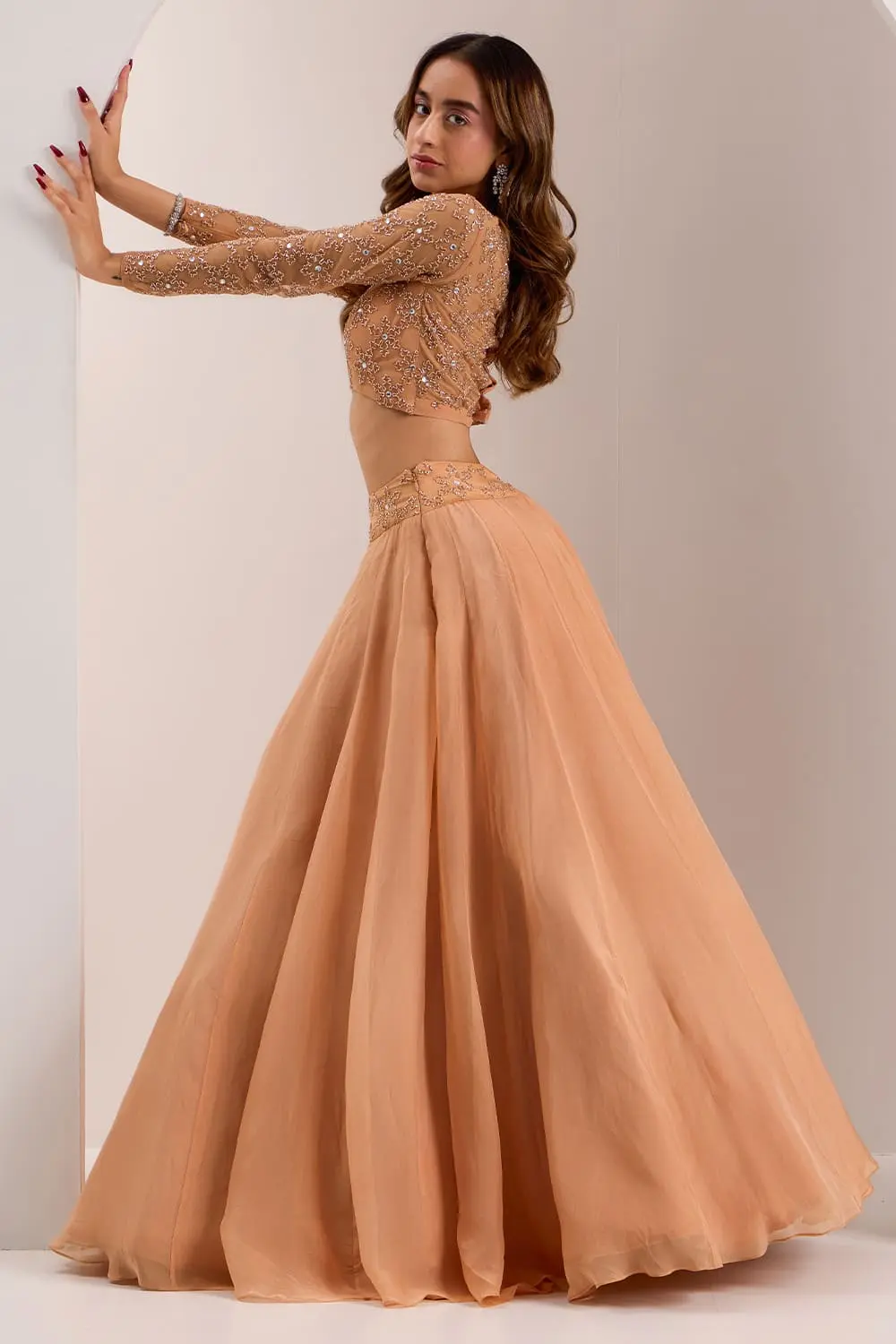 Rose gold Snowflake lehenga set with crystal embroidery full view