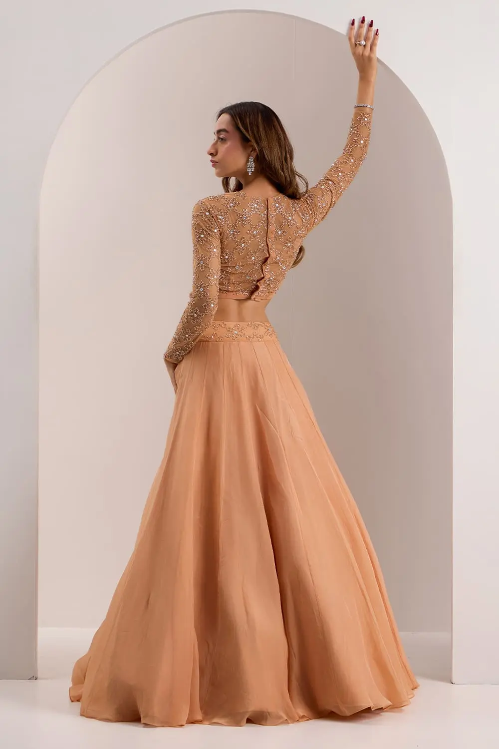 Back view of rose gold Snowflake crystal lehenga with dupatta