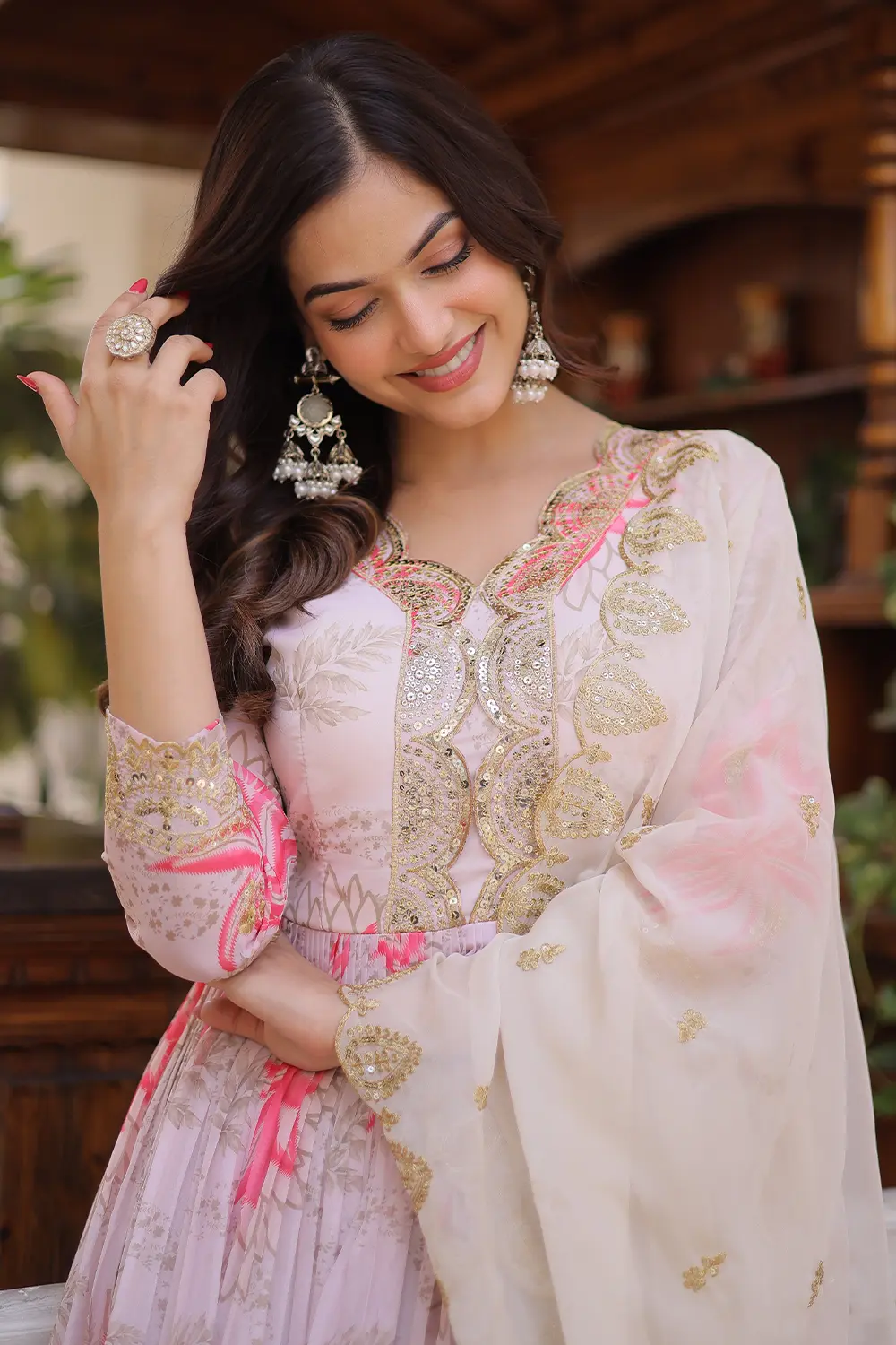 Fancy V neck with zari and sequins embroidery on ivory floral anarkali