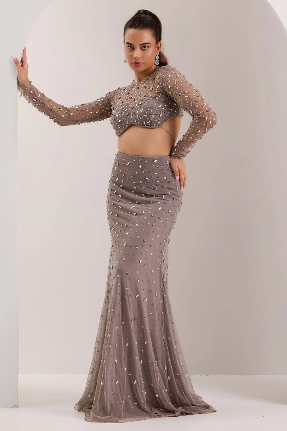Grey embellished blouse and bodycon skirt co-ord with crystal work