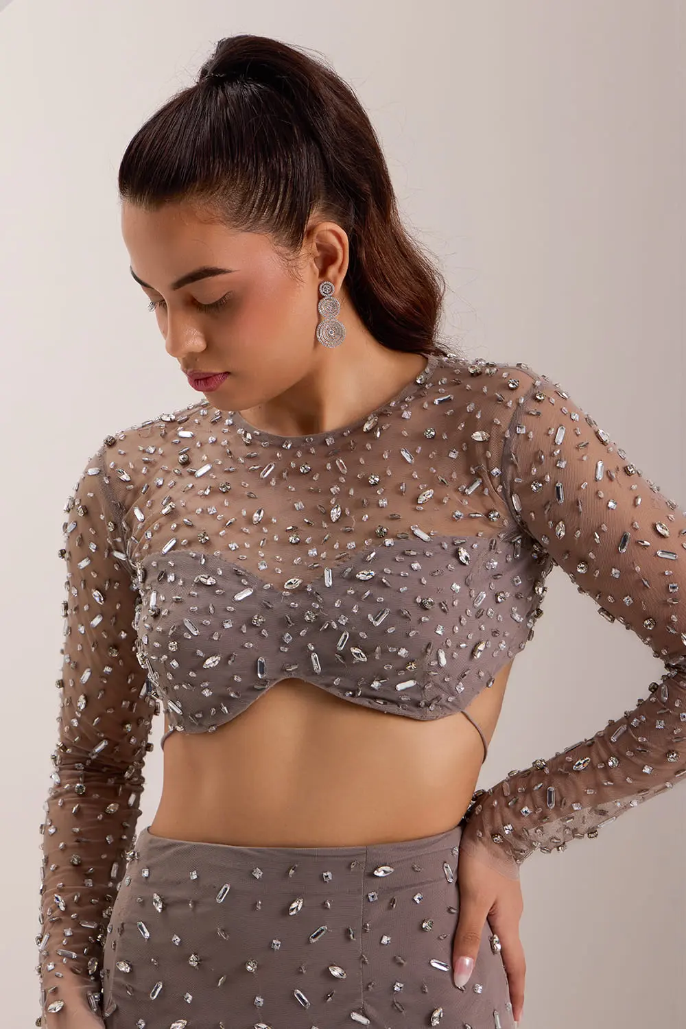 Mix crystal embroidered grey bodycon skirt set full view