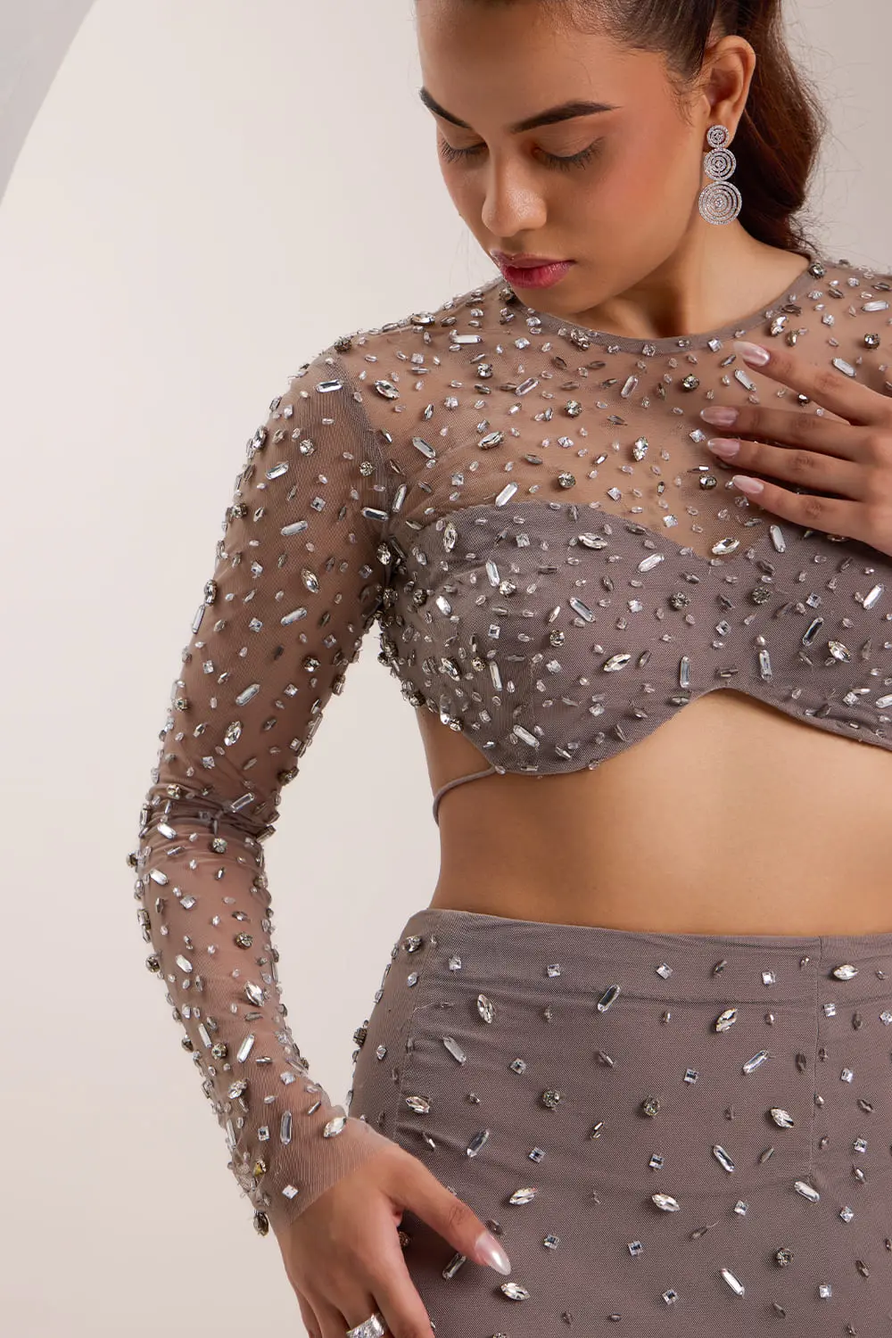 Close up of mix crystal embroidery on grey bodycon skirt set