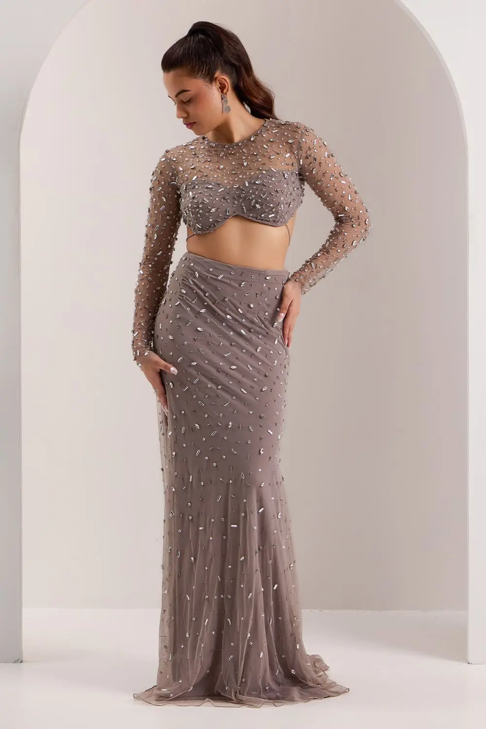 Grey embellished bodycon skirt set in soft net with crystal embroidery by Khaish