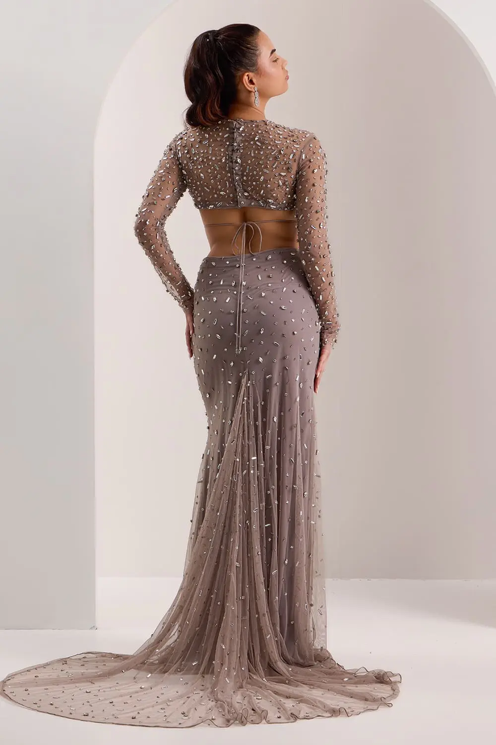 Back view of grey embellished blouse and bodycon skirt set