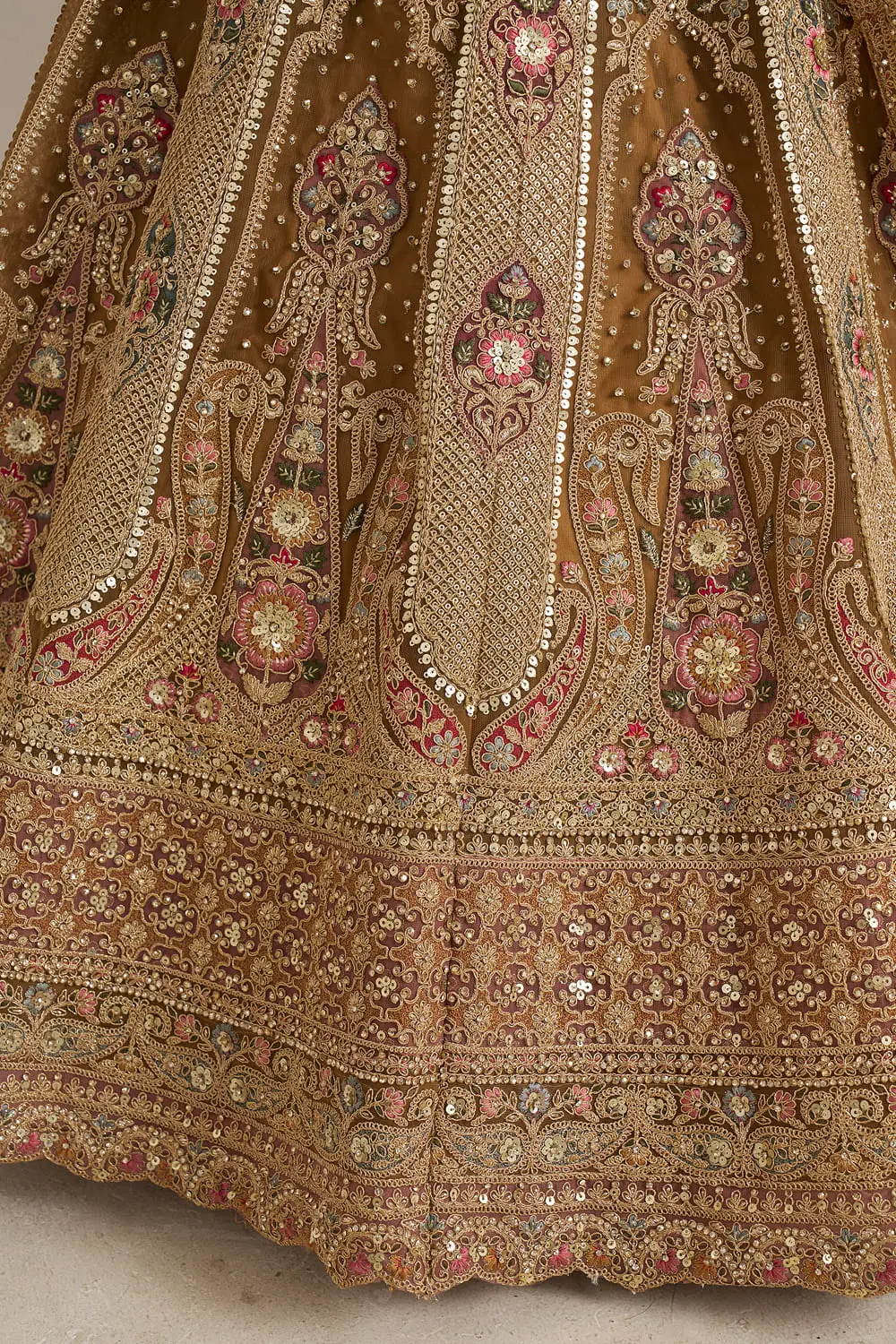 Net dupatta with ornate embroidered border for gold bridal lehenga choli