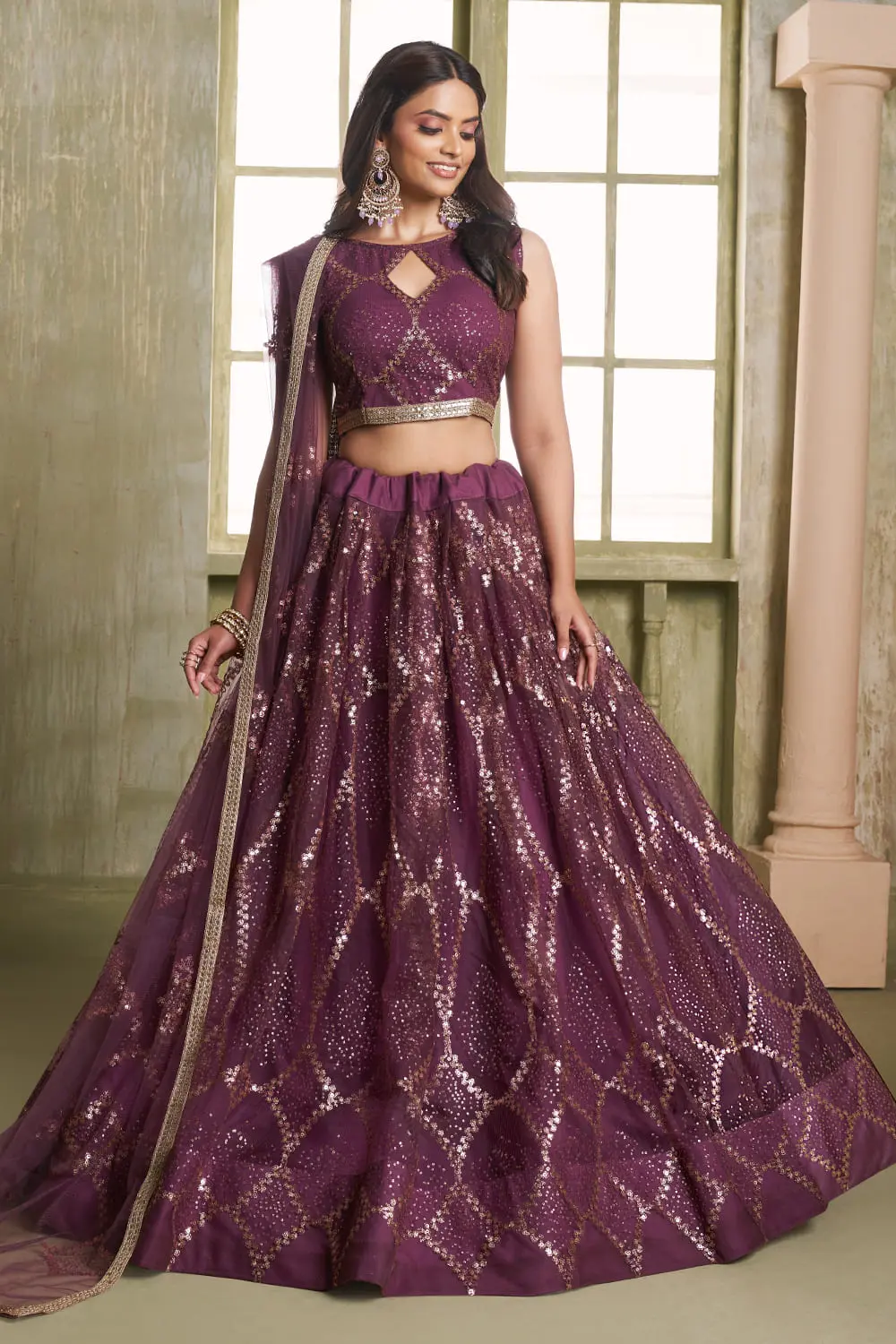 Wine butterfly net lehenga with glitter sequins and flared can-can silhouette