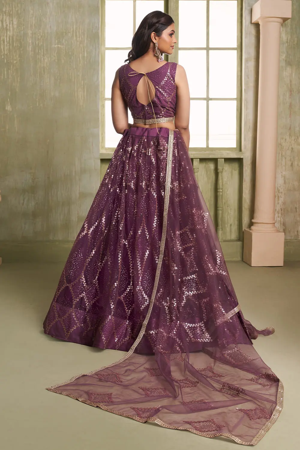 Back view of wine butterfly net lehenga choli with embroidered blouse