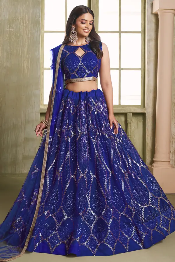 Blue butterfly net lehenga choli with tone-to-tone thread work by Khaish