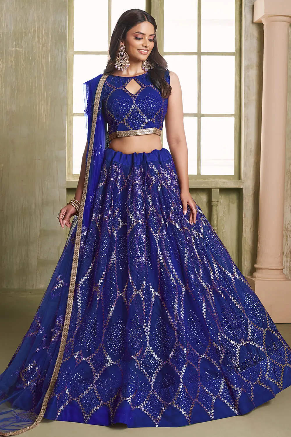 Blue butterfly net lehenga choli with tone-to-tone thread work by Khaish