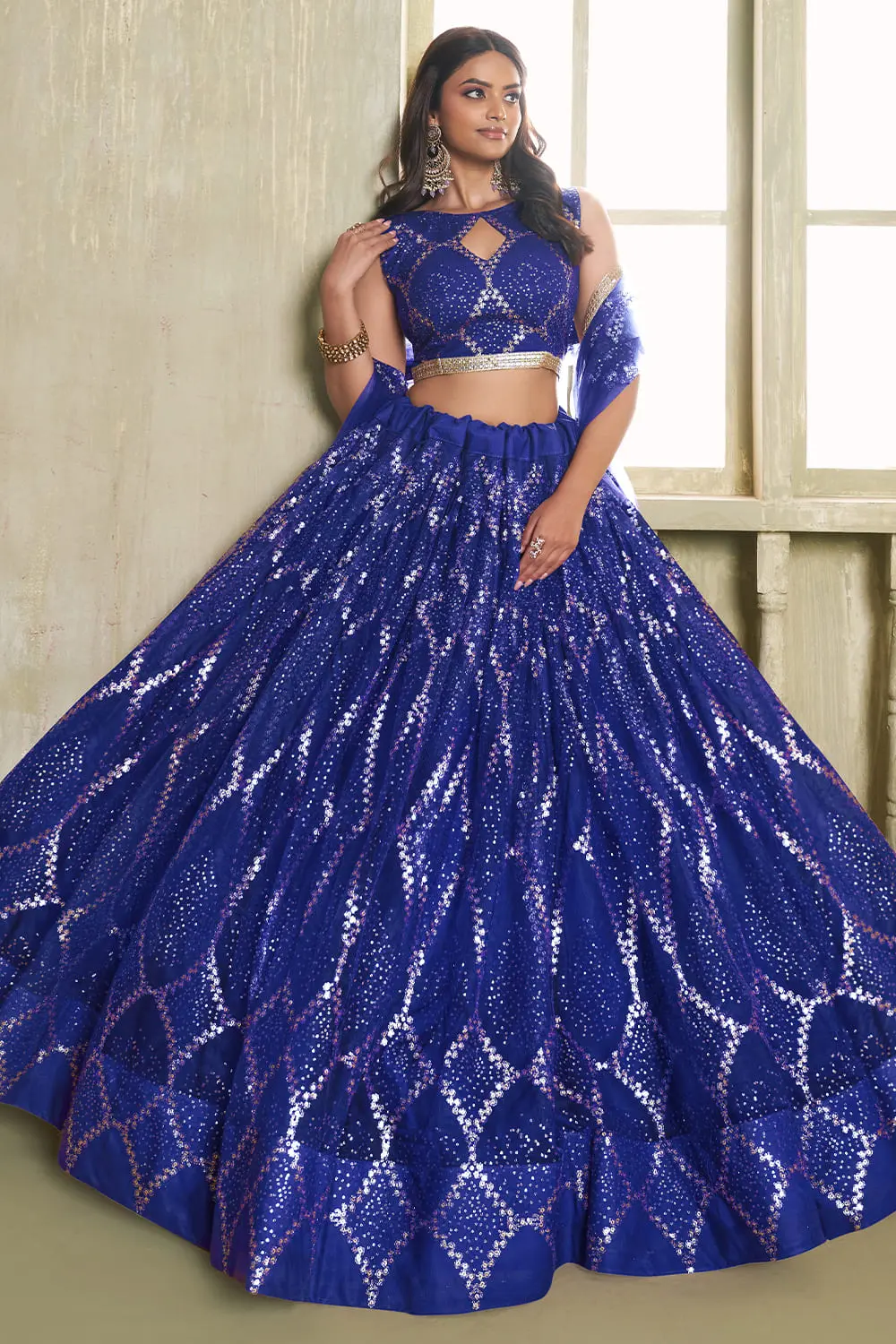 Blue butterfly net lehenga with fancy lace finish seated view