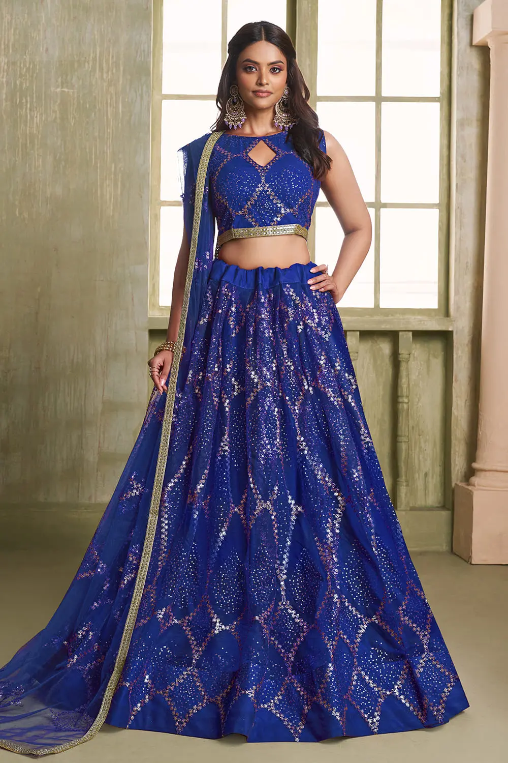 Blue butterfly net lehenga with glitter sequins and flared can-can silhouette