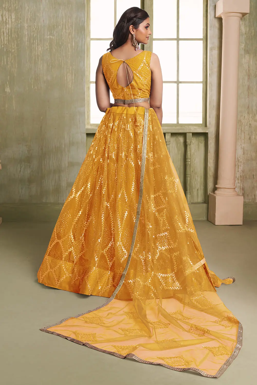 Back view of yellow butterfly net lehenga choli with embroidered blouse