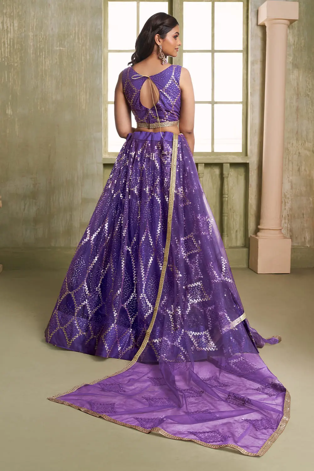 Back view of deep purple butterfly net lehenga choli with embroidered blouse