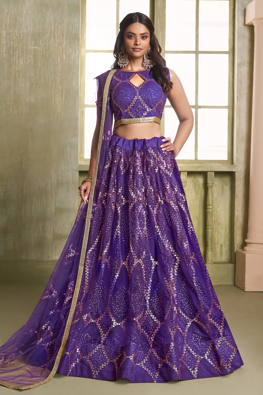 Deep purple butterfly net lehenga with glitter sequins and flared can-can silhouette