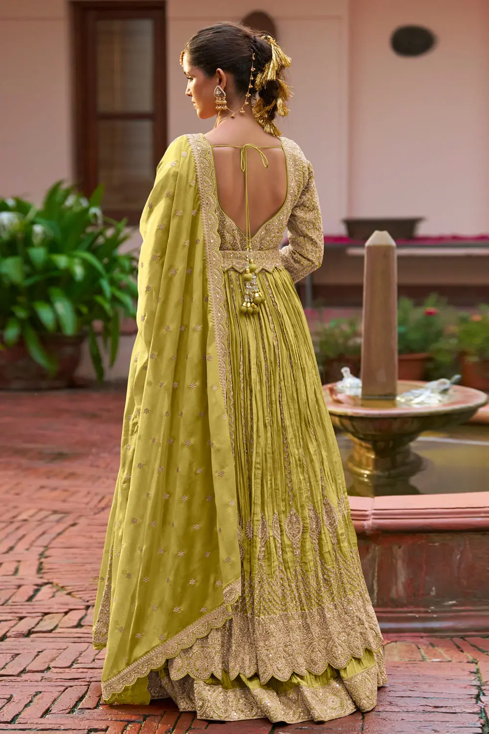 Back view of olive green chinon anarkali with skirt and dupatta