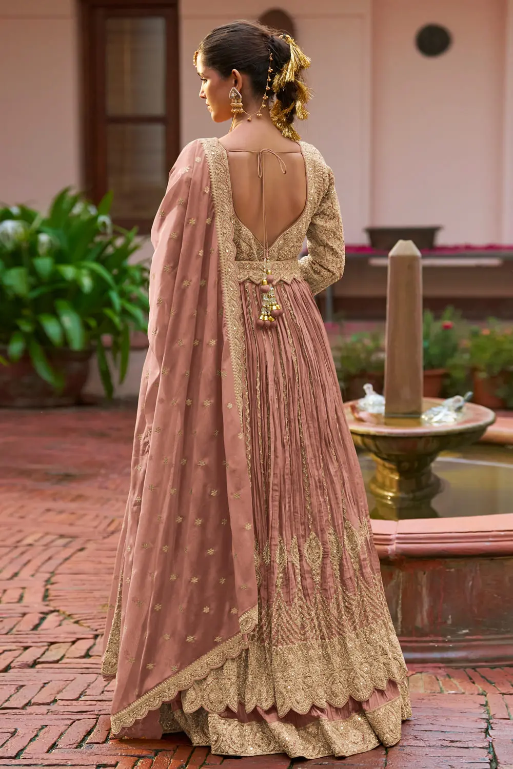 Back view of dusty pink chinon anarkali with skirt and dupatta