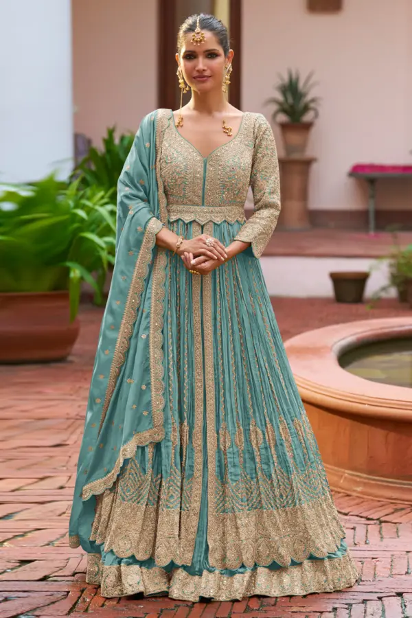 Teal blue anarkali with skirt for sangeet in real chinon with embroidery by Khaish