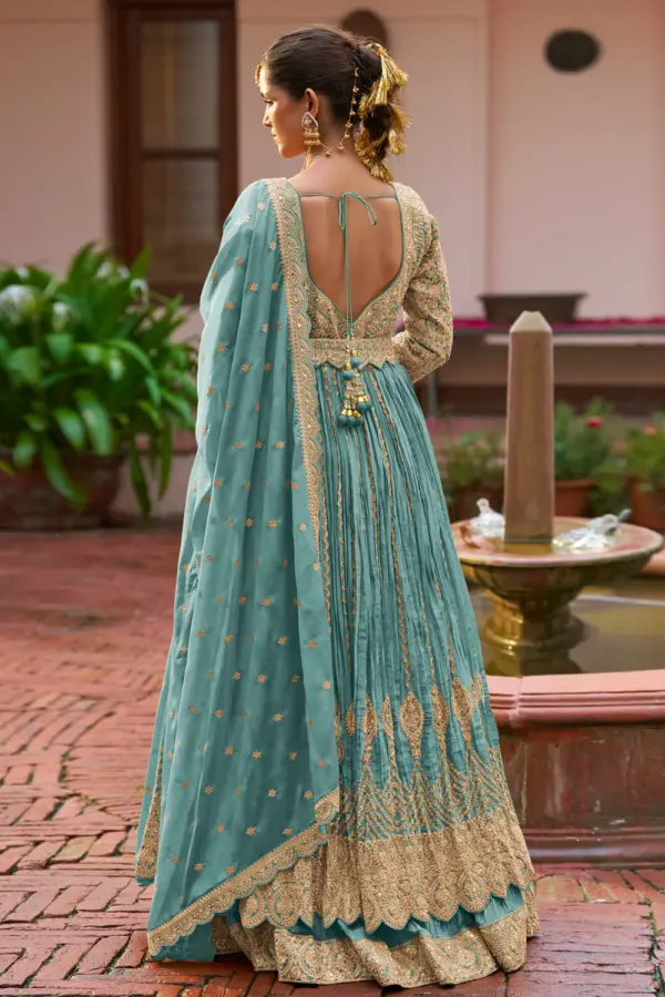 Back view of teal blue chinon anarkali with skirt and dupatta