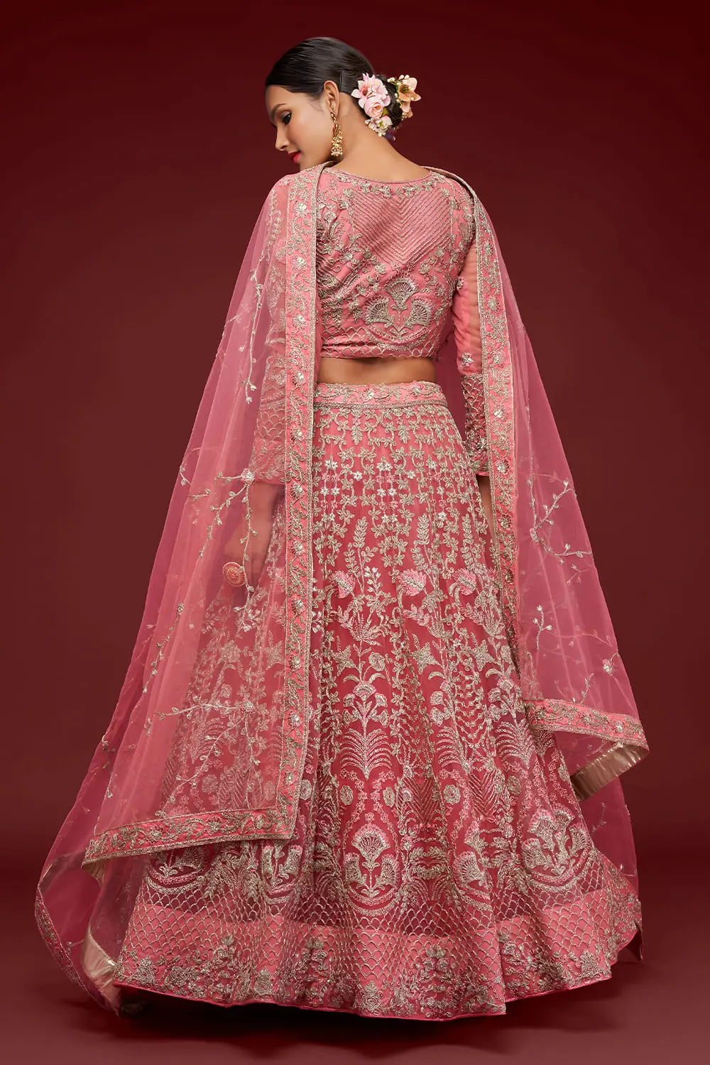 Soft net dupatta with zari and glitter dori work in fantasy rose