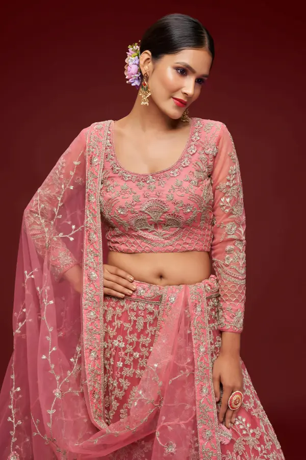 Soft net blouse with thread, zari and badla embroidery in fantasy rose