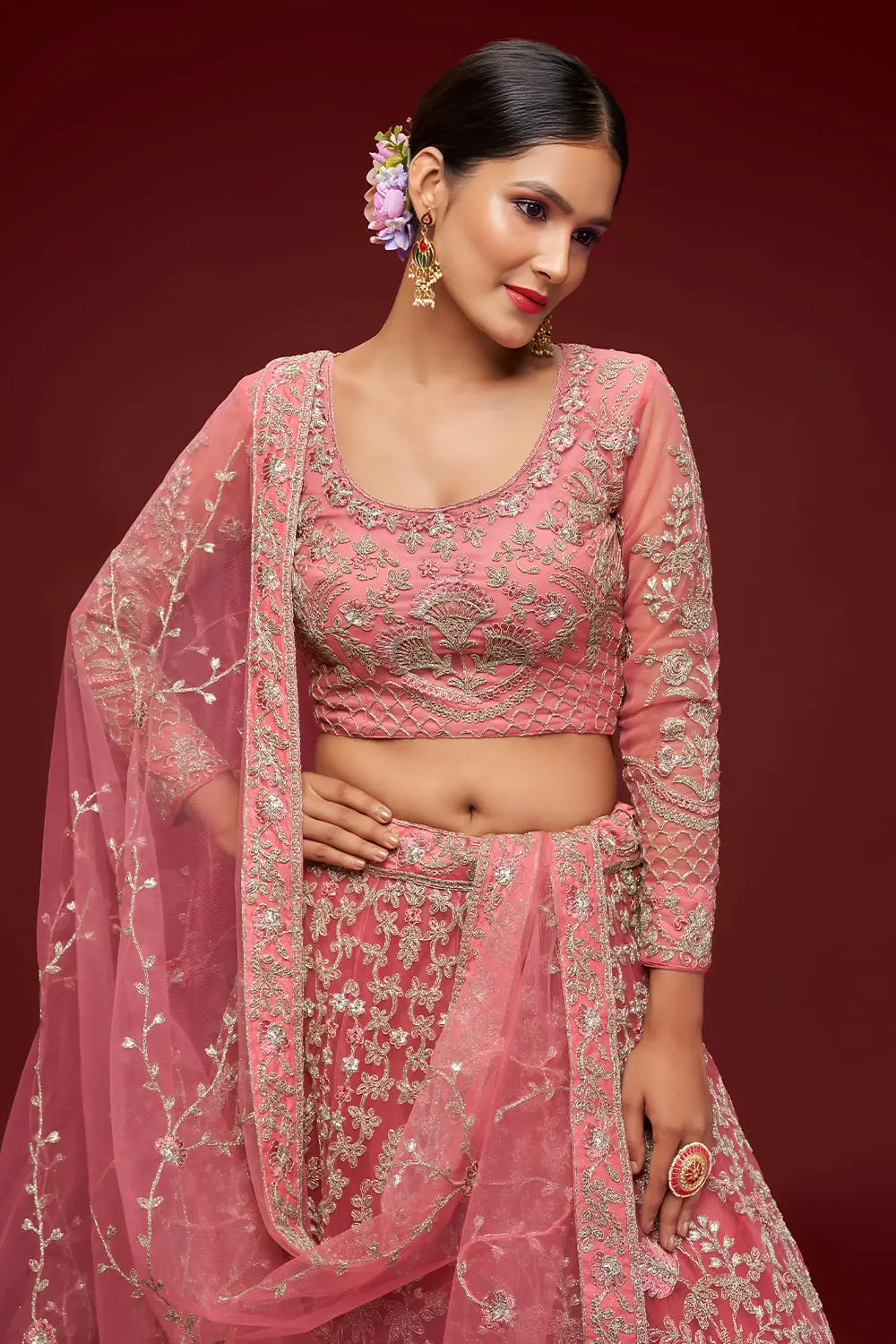 Soft net blouse with thread, zari and badla embroidery in fantasy rose