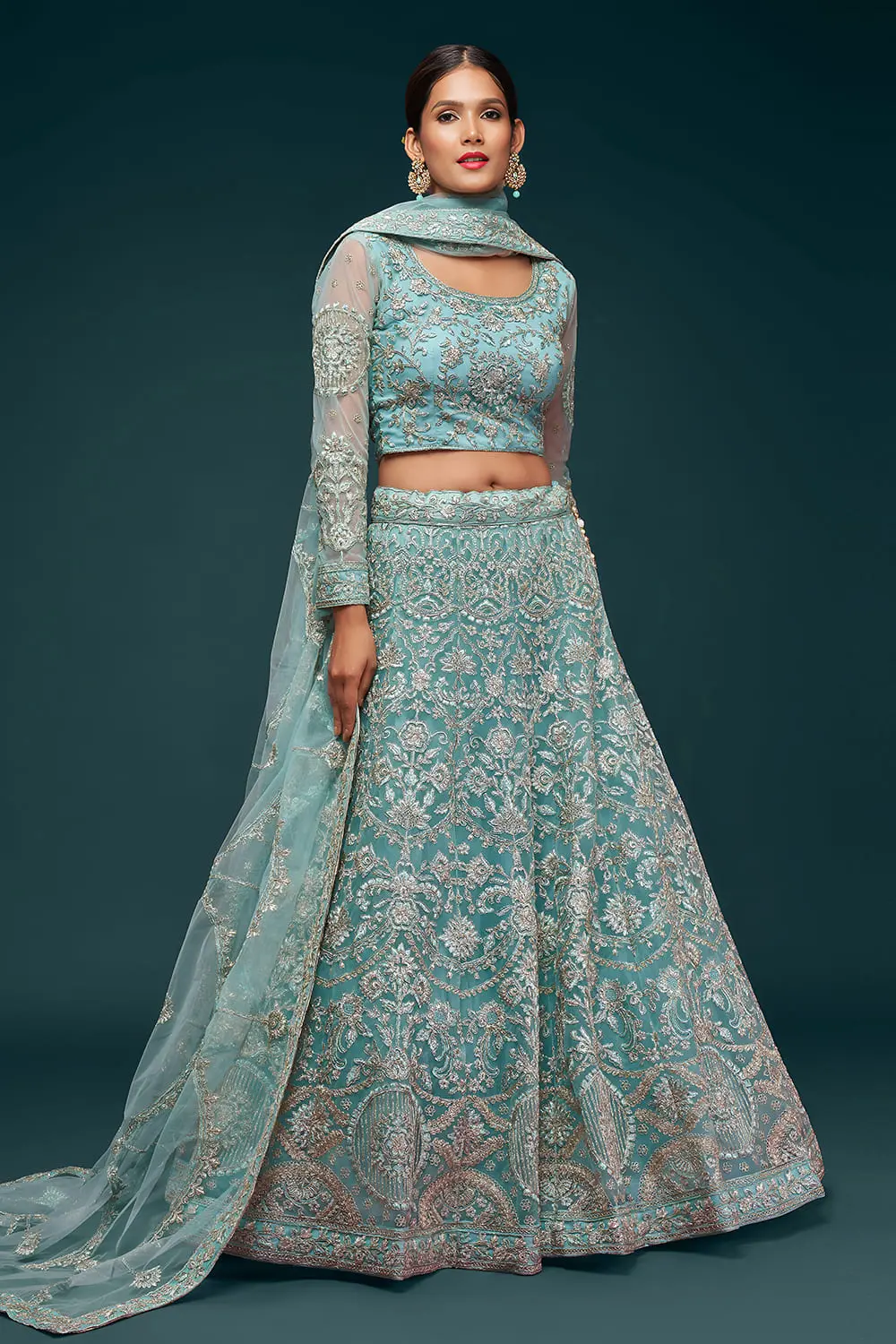 Soft net dupatta with zari and glitter dori work in aqua blue