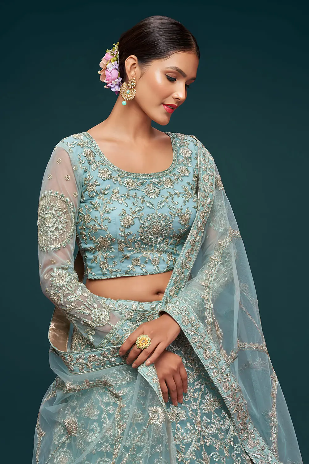 Badla and glitter dori embroidery on aqua blue net lehenga skirt