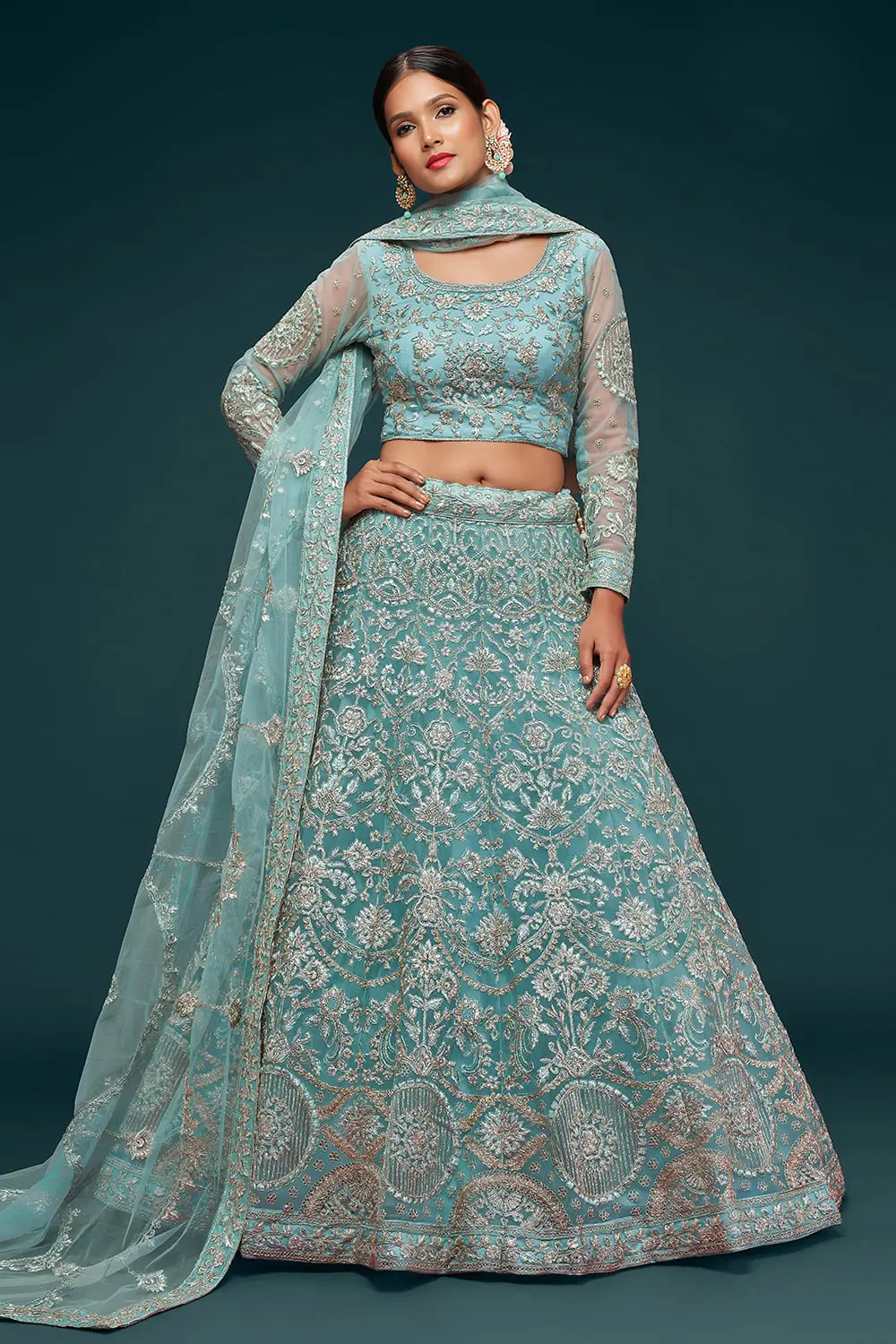 Aqua blue net lehenga choli online with badla and zari embroidery by Khaish