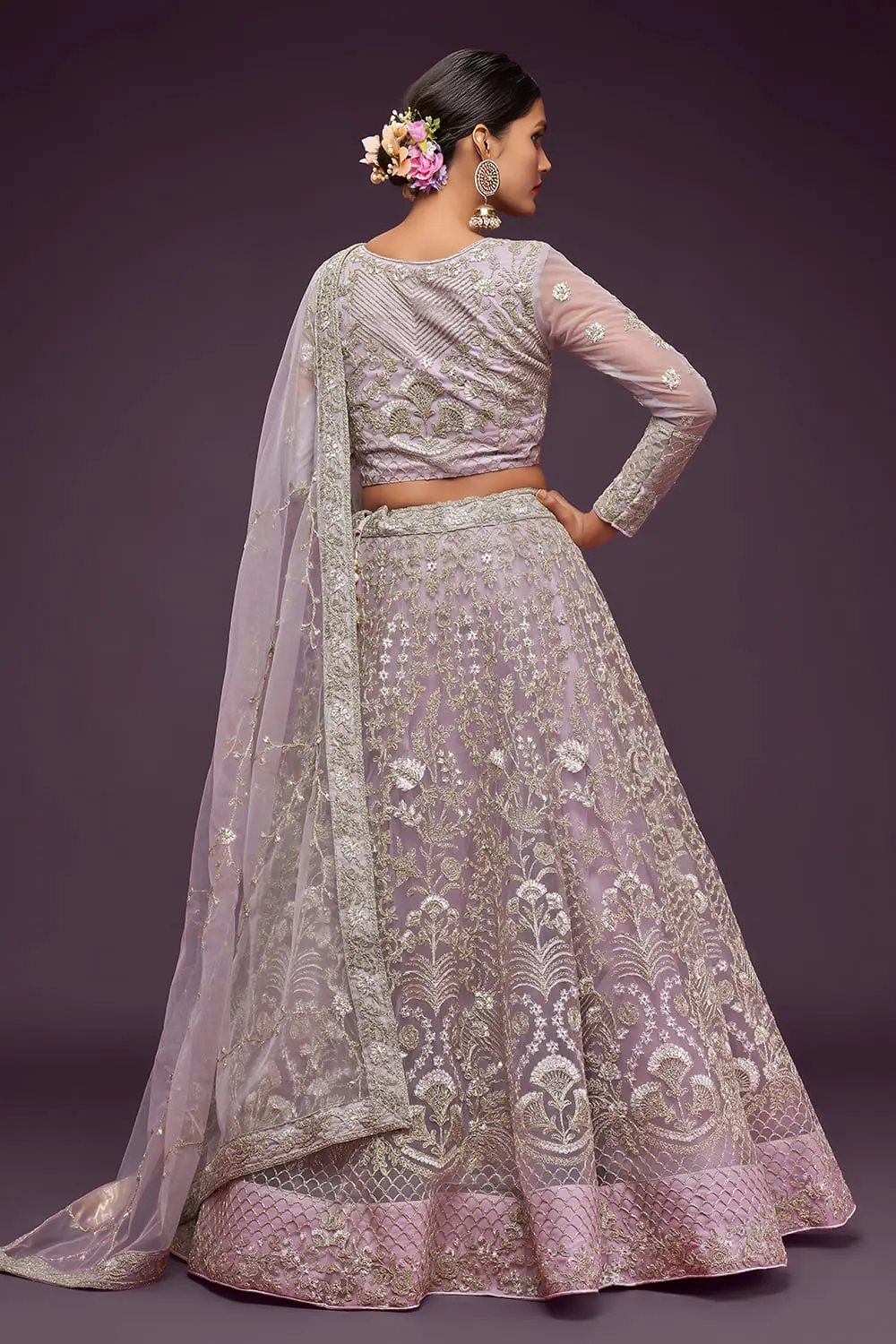 Soft net blouse with thread, zari and badla embroidery in dusty purple
