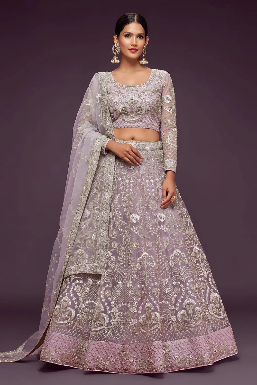 Dusty purple net lehenga choli for women with badla and zari embroidery by Khaish
