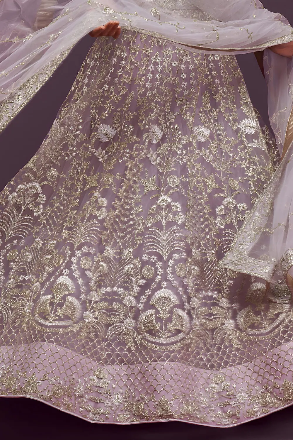 Soft net dupatta with zari and glitter dori work in dusty purple