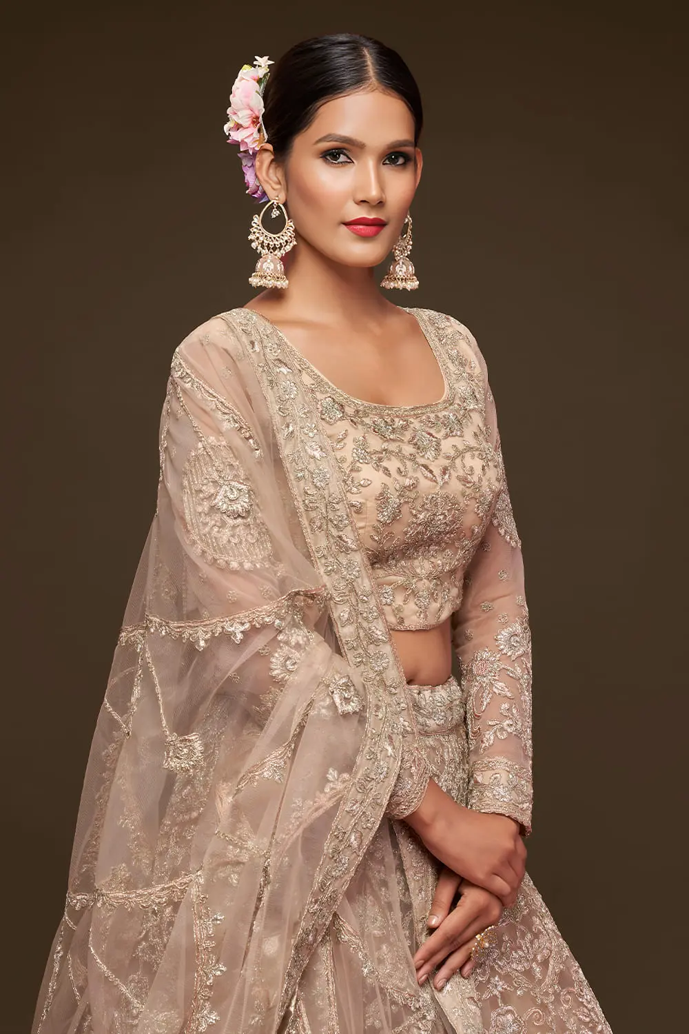 Soft net blouse with thread, zari and badla embroidery in beige